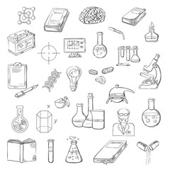Scientist with laboratory research sketch icons