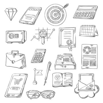 Business, finance and banking sketch icons