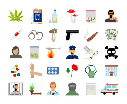 Drugs and addiction flat colorful icons on white background. Vector illustration