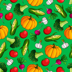 Seamless vegetables pattern on green background