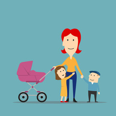 Mother with kids having fun walking outdoor