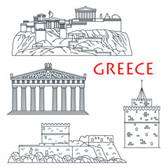 Ancient travel landmarks of Greece thin line icon