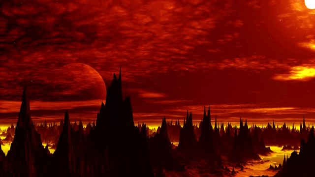 Flash On The Planet Alien. Sharp rocks are among the water, covered with yellow luminous mist. The starry night sky is a huge planet (moon) and slowly floating clouds. Above the bright sun flares.

