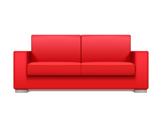 Red leather realistic sofa for modern living room interior vector illustration