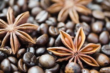 Coffee beans and star anise closeup