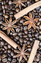 Coffee beans, cinnamon sticks and star anise closeup