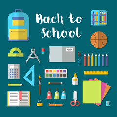 Back to school flat contour design modern vector illustration with education icon set. School isolated supplies: book, album, pencil, paint, pen, brush, ruler, scissors, etc.