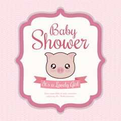 Baby Shower invitation design represented by kawaii pig cartoon. Pastel color illustration.