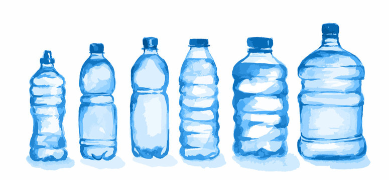 Watercolor plastic bottles set. Blue bottles with waterstanding on white background. Fresh healthy beverage.