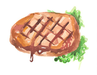 Watercolor grilled steak. Steak with herbs and sauce. Delicious food for restaurant or cafe.