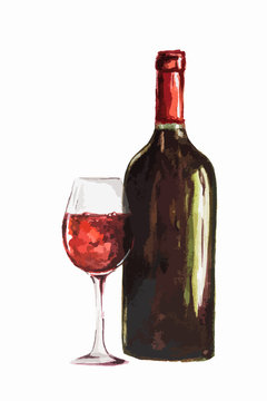 Watercolor red wine bottle with glass. Isolated painted bottle of red wine. Restaurant menu and celebration drinking.