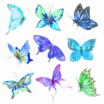 Watercolor butterflies set. Blue, turquoise and green butterflies on white bcakground. Beautiful fragile creatures for decoration.