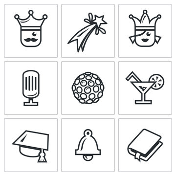 Vector Set Of Prom Icons. King, Firework, Queen, Equipment, Disco, Alcohol, Master, Last Call, Scenario.