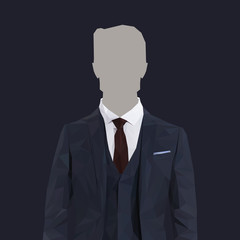 Low poly business man with navy suit and red tie. Vector illustration