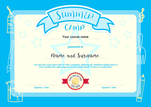Kids summer camp document certificate template with light blue border