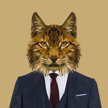 Lynx Cat Animal Dressed Up In Navy Blue Suit With Red Tie. Business Man. Vector Illustration.