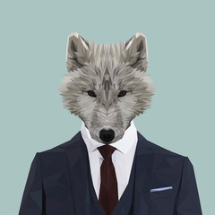Wolf animal dressed up in navy blue suit with red tie. Business man. Vector illustration.