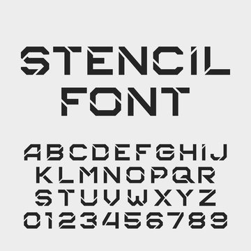 Stencil alphabet font. Tough type letters and numbers. Vector typography for your design.