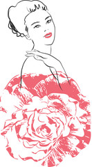 Fototapeta premium Frau mit roten Lippen und großer roter Blume - Sketch Style