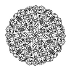 Round element for coloring book. Black and white floral pattern. Vector illustration.