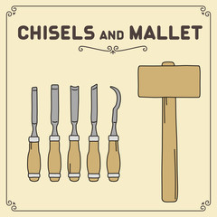 Vector set of isolated chisels and mallet. Icon chisel. Collection woodworking tools. - 117699341