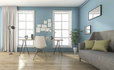 3d rendering blue vintage living room with beautiful furniture and decoration
