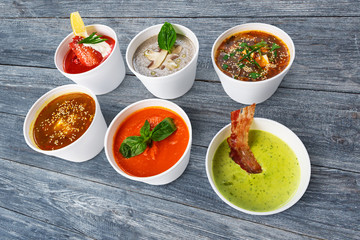 Variety of soups from different cuisines at blue wood