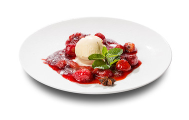 Dessert. Vanilla ice cream with strawberries and syrup. On a white background