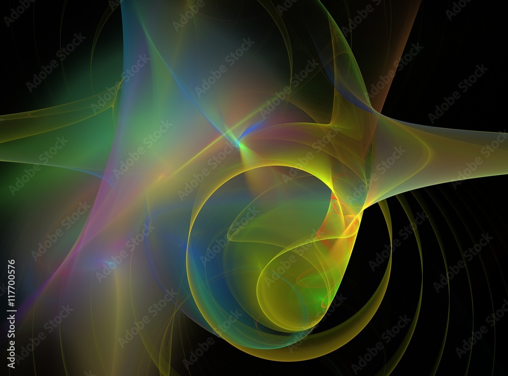 Wall mural colorful abstract fractal with curved lines and waves of chaos on a black background