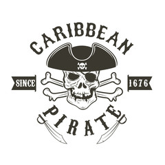 Caribbean pirate.  Pirate skull in admiral headdress and swords.