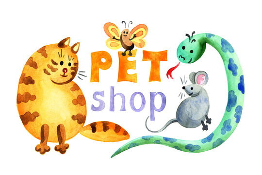 inscription "pet-shop" with images of pets. Watercolor painting