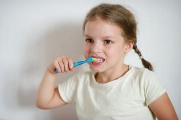 Cute little girl with pigtails diligently brushing his teeth.