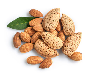 Pile of almonds with leaves