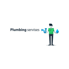 Plumbing services concept, plumber isolated, water works. Flat design illustration