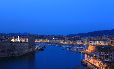 Fototapeta na wymiar Saint Jean Castle and Cathedral de la Major and the Vieux port at the night in Marseille, France