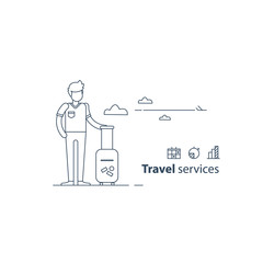 Travel services concept, traveler at the airport, summer holiday, vacation arrangements, passenger with baggage waiting flight. Flat design illustration