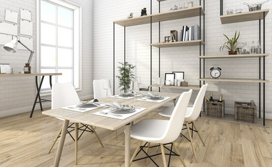 Fototapeta na wymiar 3d rendering nice brick dining room with shelf idea