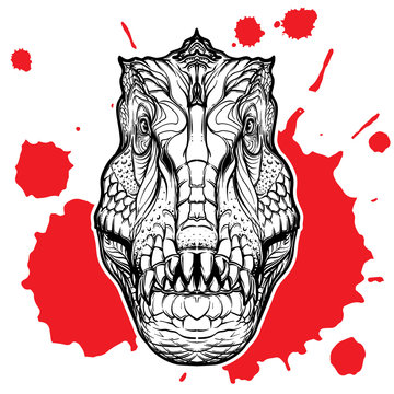 Tyrannosaurus head on the red blood spot white background