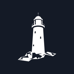 Lighthouse, Beacon Isolated on Black Background, Lighthouse Stands on Rocks, Vector Illustration