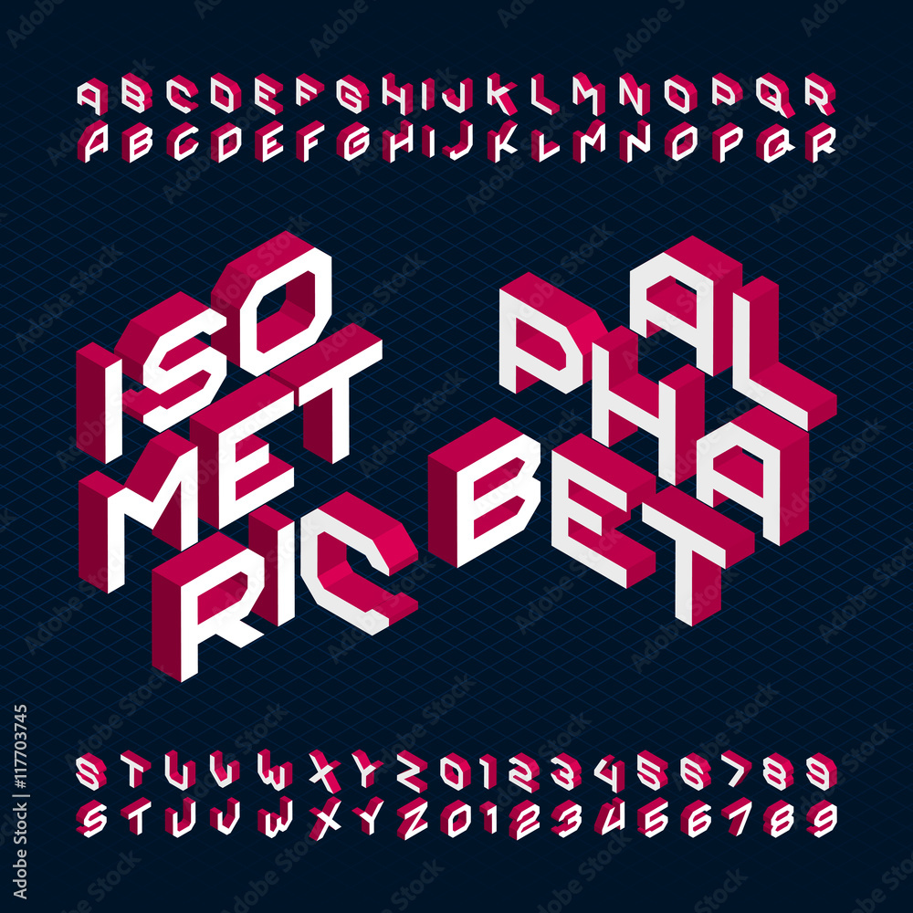 Fototapete 3d isometric alphabet font. type letters and numbers. three-dimensional stock vector typeface for yo