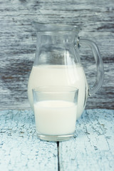 Jar with milk, and full glass with milk