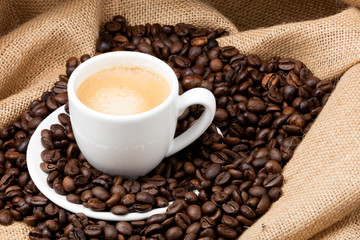 cup of coffee on a sack