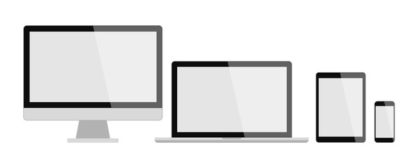 Different types of screens. Isolated screens. Computer and laptop, tablet and smartphone screens.
