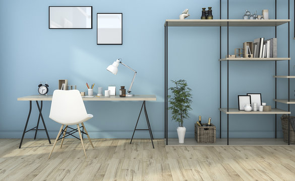 3d rendering blue vintage working room with nice design shelf
