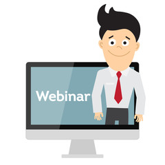 Online webinar concept. Computer monitor with teacher, tutor, businessman. Online learning or e-learning.