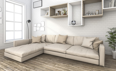 3d rendering nice sofa in small brick living room