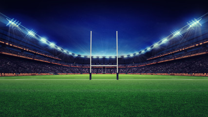 huge rugby stadium with fans and green grass - obrazy, fototapety, plakaty