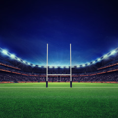 modern rugby stadium with fans and green grass - obrazy, fototapety, plakaty