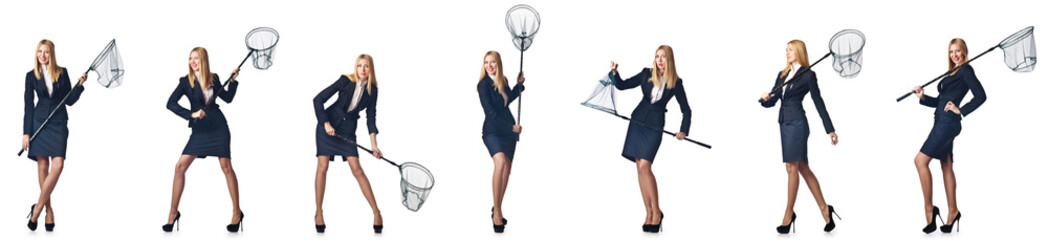 Woman with net isolated on white