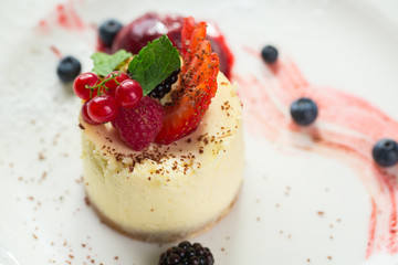 Small cake with chocolate crumbs. Mint leaf and currant. Freshly cooked cheesecake. Sweet dish with fresh berries.